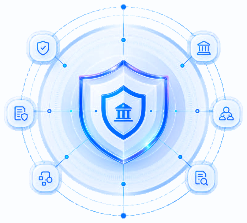 Institutional governance shield with surrounding accountability nodes